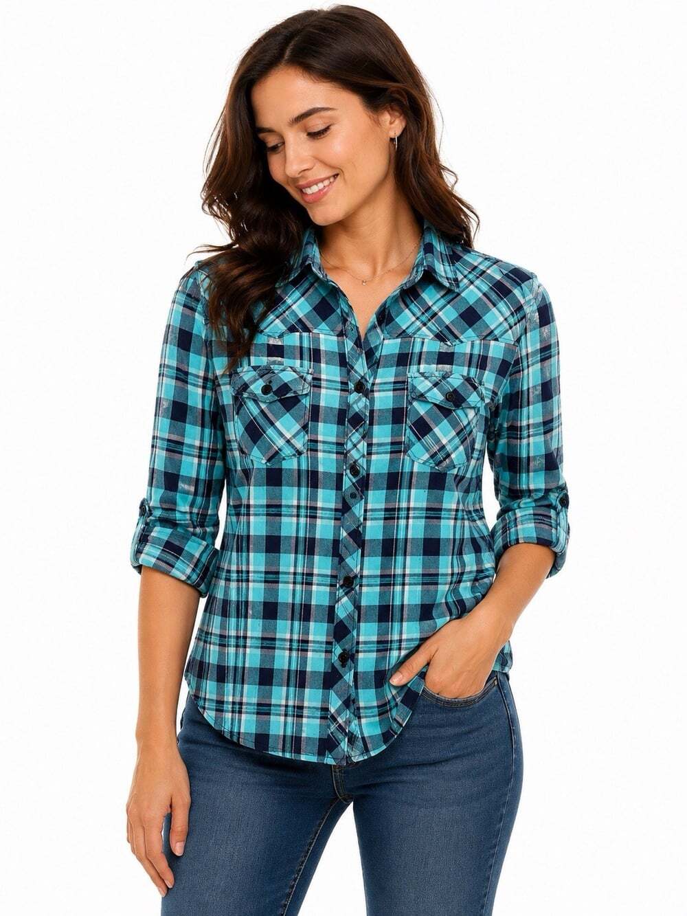 Full Tilt Womens Blue Plaid Button Down Shirt Western Snap Front 100% Cotton S-M